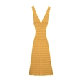 Robe mi-longue moulante en tricot jaune à rayures orange avec col en V et design sans manches - S / Jaune