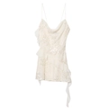 White sequin mini dress with cowl neck, spaghetti straps and chiffon ruffles - XS / Milky White