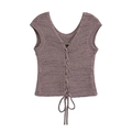 Knit sleeveless top with V-neck and lace-up ribbon detail in elegant dusty purple - S / Tops
