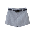 Women's 2025 casual blue and white striped shorts with navy faux leather belt and gold buckle - S / Gray