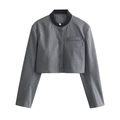 Short grey pinstripe jacket for women with single-breasted buttons and ribbed collar - S / Gray Blazer