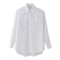 Chemisier blanc à manches longues avec poches ornées de strass en motif losange - XS / Blanc