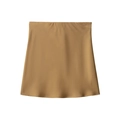 Elegant khaki A-line satin midi skirt with smooth silk texture and waist pleat detail - XS / Brown