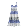 Women's blue and white floral tiered maxi dress with spaghetti straps and V-neckline - XS / Blue & White