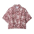 Women's 2025 spring short sleeve button-up shirt with dark red ethnic ikat print pattern - XS / Tops