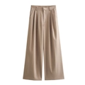 Women's high waist wide leg khaki trousers with pleated front and side pockets - S / Khaki Pants