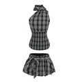Zwart-wit geruite tweedelige set met haltertop en geplooide rok met strik voor dames - S / Set