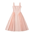 French style light pink sleeveless midi dress with square neck and pleated skirt - S / Pink