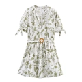 Floral embroidered eyelet mini dress with V-neck, puff sleeves and belted waist - XS / Light Green