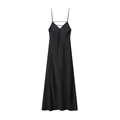 Detail of black satin slip dress showing V-neckline with decorative horizontal straps - XS / Black