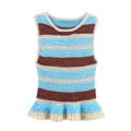 Top de punto sin mangas para mujer con rayas azules y bajo con volantes tipo peplo - S / Rayado Multicolor