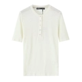 White linen blend short sleeve Henley T-shirt with five-button placket on plain background - XS / White