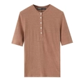 Women's clay brown linen-blend Henley shirt with short sleeves and white buttons - XS / Amber