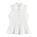 Elegant white sleeveless knit top with lapel collar and golden bead buttons in a flared cut - S / White