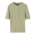 Linen blend t-shirt in sage green with buttoned henley neckline and short sleeves - XS / Matcha Green