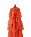 Elegant orange halter tiered maxi dress with layered ruffles and floral neck detail - S / Coral