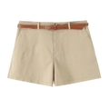 Damen Falten-Casual-Shorts in Khaki mit braunem Ledergürtel und goldener Schnalle - XS / Khaki