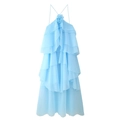 Light blue chiffon ruffled maxi dress with neck tie and 3D floral accent detail - S / Sky Blue