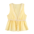 Haut sans manches jaune clair pour femme avec col en V, dentelle marguerite et volants - XS / Jaune