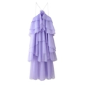 Lavender purple layered ruffle dress with 3D floral accent and spaghetti straps - S / Light Purple