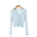 Detail of light blue ribbed knit cardigan with ruffled edges and front tie closure - One Size / Blue