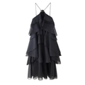 Robe noire élégante en mousseline à volants avec fleur 3D et bretelles croisées - Noir