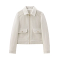 Giacca corta da donna beige in finto camoscio con cerniere dorate e tasche con patta - XS / Bianco Sporco