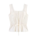 Elegantes ärmelloses cremefarbenes Spitzentop mit Blumenstickerei und Taillenkordel - XS / Milchweiß
