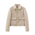 Giacca corta in misto lana kaki chiaro con zip dorata e grandi tasche con patta laterali - XS / Cachi