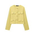 Veste courte en tweed vert citron avec col rond et boutons dorés sur quatre poches - XS / Jaune