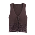 Women's dark brown sleeveless knit top with ruffled hem and V-neck tie detail - S / Dark Coffee
