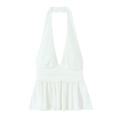 White halter deep V-neck top with pleated waist and ruffled hem in textured chiffon fabric - S / White