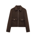 Cropped dark brown wool jacket with classic collar, front zipper, and large flap pockets - Coffee
