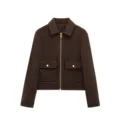 Cropped dark brown wool jacket with classic collar, front zipper, and large flap pockets - Coffee