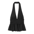 Black halter neck top with deep V-neckline and gathered waist detail in chiffon fabric - S / Black