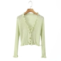 Light green ruffled rib-knit cardigan with front tie closure and long sleeves for women - One Size / Green