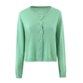 Mint green long sleeve knit cardigan with scalloped trim and round neck for women - One Size / Spring Green