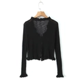 Women's black long sleeve cropped cardigan with ruffled edges and ribbed texture - One Size / Black
