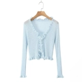 Light blue long sleeve knit cardigan with romantic ruffle trim and tie front closure - One Size / Blue