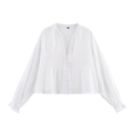 Weiße Boho-Bluse mit Blumenstickerei, Lochspitze und tiefem V-Ausschnitt für Damen - XS / Weiß