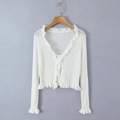 White knit cardigan with ruffle trim and front tie closure for elegant women's wear - One Size / White