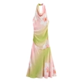 Halter neck maxi dress in pink and green floral gradient satin with pleated waist - XS / Rainbow