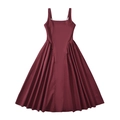 French style burgundy midi sun dress with wide straps and elegant pleated flared skirt - S / Burgundy