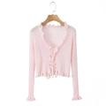 Slim fit light pink long sleeve cardigan with ruffle trim and textured vertical knit detail - One Size / Pink