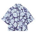 Kurzärmeliges Hemd mit Blumenmuster und abstrakten Vintage-Prints in tiefem Lila Flachliegend - XS / Nur Hemd