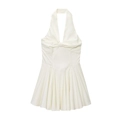 Elegant white halter neck backless dress with a front bow and pleated A-line silhouette - XS / White