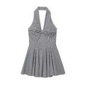 Classic black and white gingham halter neck dress with a front bow and pleated skirt - XS / Black & White Check
