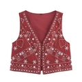 Chaleco bordado étnico con lentejuelas de espejo y motivos florales en tela roja - XS / Camiseta sin mangas