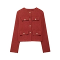 Veste en maille rouge foncé pour femme avec boutons dorés et quatre poches - Écarlate