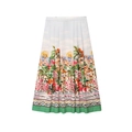 Damen Midi-Rock in A-Linie in Weiß mit mediterranem Print und grünem Saumdetail - XS / Rock